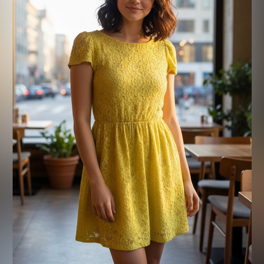 ZARA Woman Yellow Lace Open-Back Skater Dress – Size S